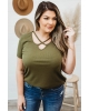 Oversized Army Green Crisscross Ribbed Knit T-shirt (plus size)