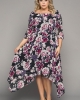 Oversized Black Crewneck Half Sleeve Floral Midi Dress & Gown (plus size)