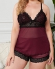 Oversized Wine Lace Mesh Splicing Pajamas Set (plus size)