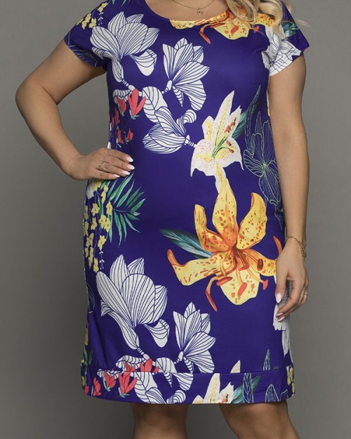 Oversized Blue Floral Print Strappy Hollow-out Midi Dress & Gown (plus size)