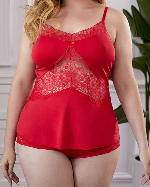 Oversized Red Spaghetti Straps Lace Insert Pajamas Set (plus size)