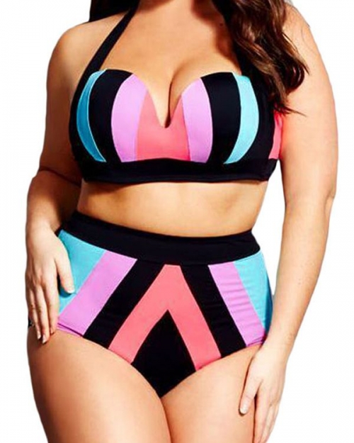 Oversized Strapped Color Splice Two Piece Swimsuits (plus size)