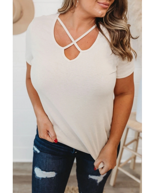 Oversized White Crisscross Ribbed Knit T-shirt (plus size)